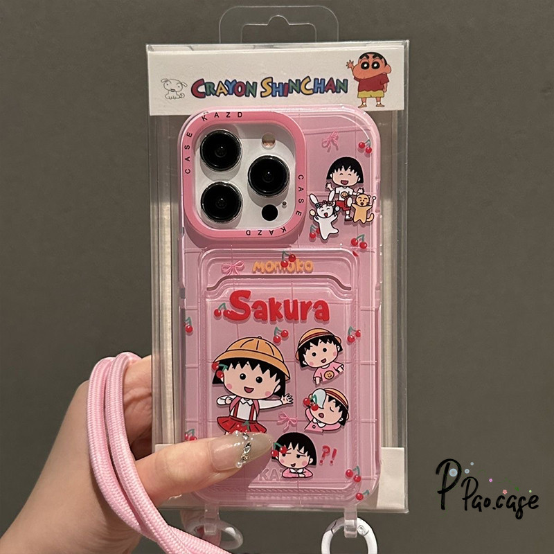 น่ารัก Chibi Maruko-chan เข้ากันได้เคสไอโฟน 16 11 13 XR 15 14 12 Pro Max 7 8 Plus X XS Max SE เชือกกระเป๋าสตางค์บัตรเคส