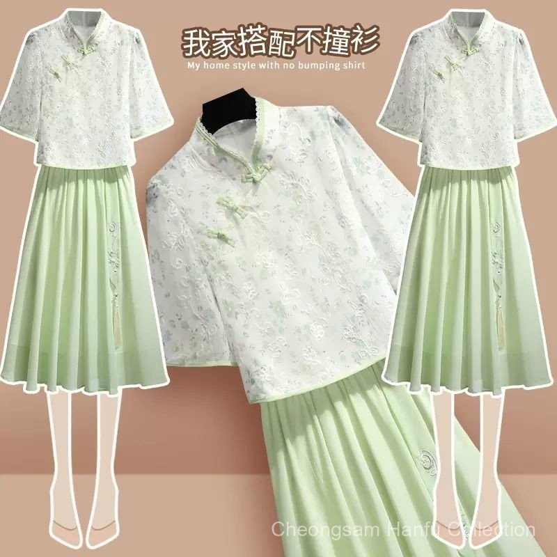 สีเขียว H Anfu ที่ดีขึ้นชุดผู้หญิงเสื้อผ้าฤดูร้อน2024ใหม่สไตล์จีนแสงสไตล์แห่งชาติสูทกระโปรงชุดสองชิ้น