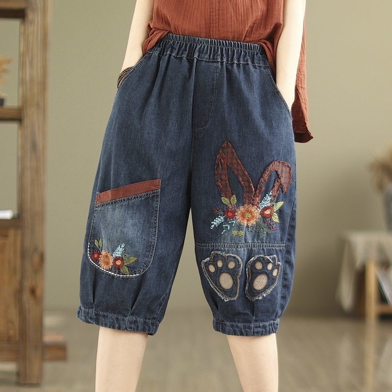 Retro Patch ปักห้าจุด Denim Harem กางเกงผู้หญิงหลวมขนาดใหญ่ Daddy กางเกงลําลอง Slimmer ดู Bloomers KT27