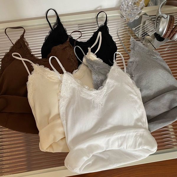 สายเดี่ยวลูกไม้สาวอวบ เสื้อสายเดี่ยวลูกไม้ สายเดี่ยวลูกไม้ เสื้อกล้ามสายเดี่ยวลูกไม้พร้อมแผ่นรองหน้าอกคอวีสไตล์ฝรั่งเศสหลังสวยห่อหน้าอกเสื้อตัวในทรงเข้ารูปแบบปรับได้สำหรับผู้หญิง