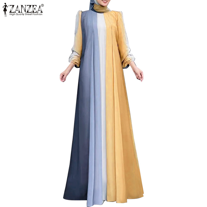 Zanzea ผู้หญิงมุสลิมลูกเรือคอ Contrast สีจีบแขนโคมไฟ Elasticized Cuffs Dresses
