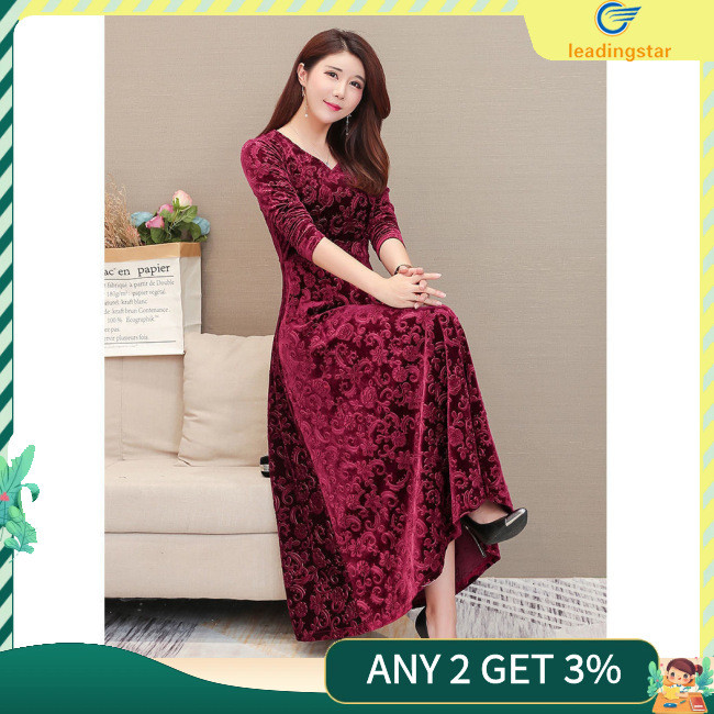 Leadingstar ผู้หญิงกํามะหยี่คอวีชุดแขนยาวเอวสูงกระโปรงทรงเอ Slim Fit สีทึบขนาดใหญ่ Swing Midi กระโปรง