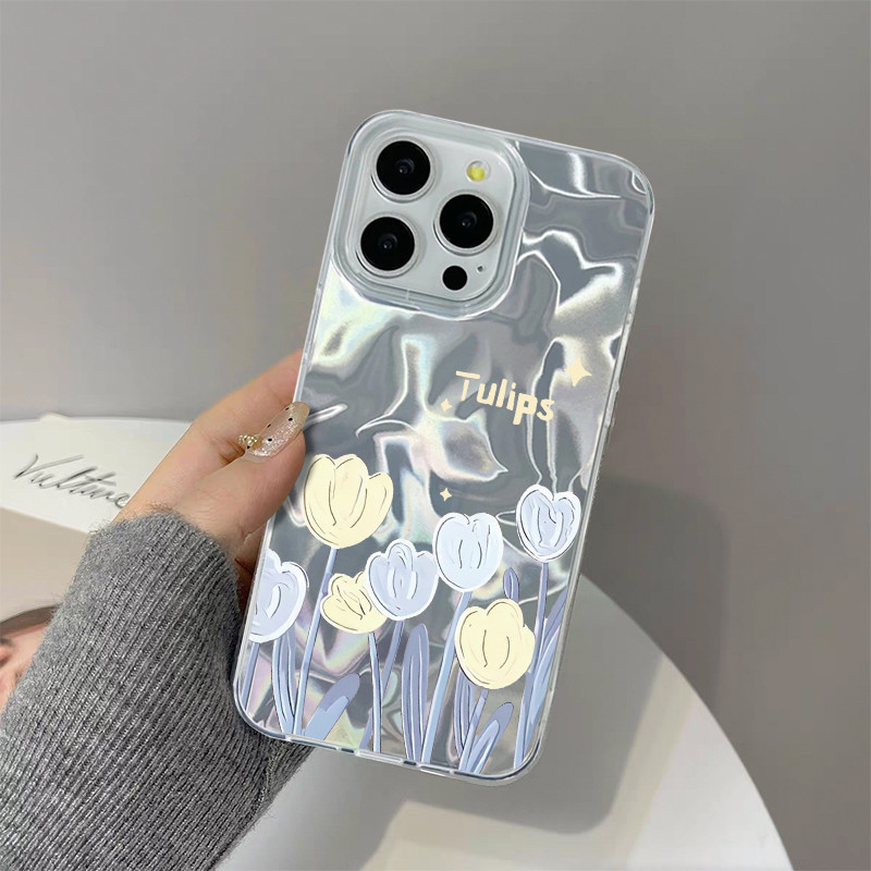 เคส iPhone 11 14 13 12 15 16 Pro Max X XR XSMAX SE 6 7 8 14 15 16 Plus เคสโทรศัพท์ลายดอกทิวลิปลายระยิบระยับของน้ำ