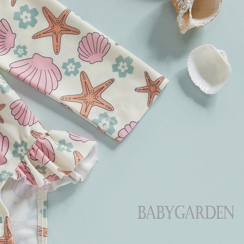 //-6เดือน-4ปี เด็กทารกผื่นยามชุดว่ายน้ํากับหมวกเปลือกปลาดาวลายซิปขึ้นแขนยาวลูกเรือคอชุดว่ายน้ํา