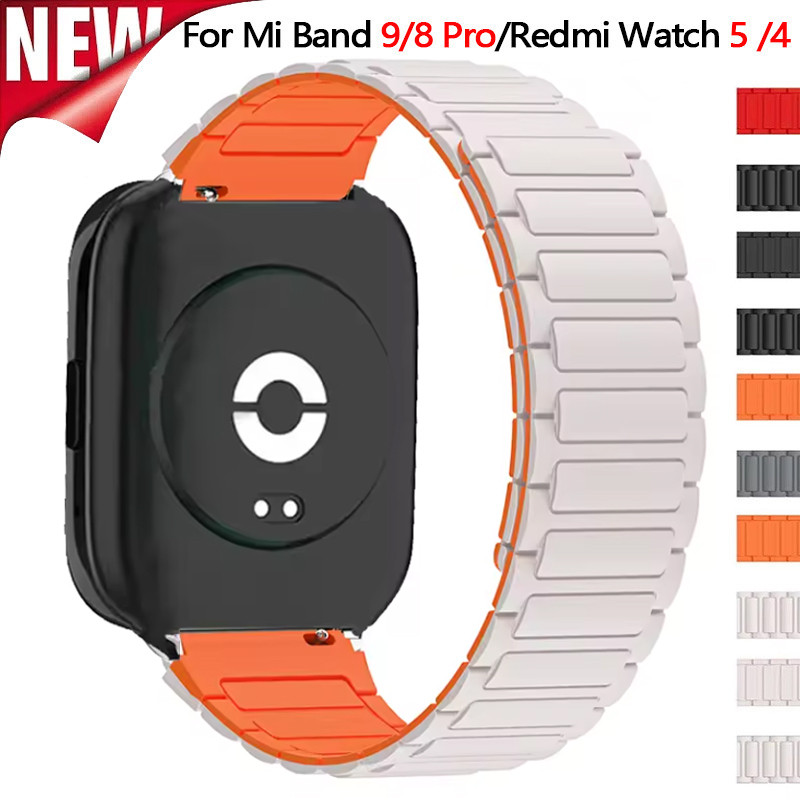 สายซิลิโคนแม่เหล็กสําหรับ Xiaomi Mi Band 9 8 Pro Soft Watch สร้อยข้อมือสาย Correa สําหรับ Redmi Watch 5 4 สายคล้องคอ