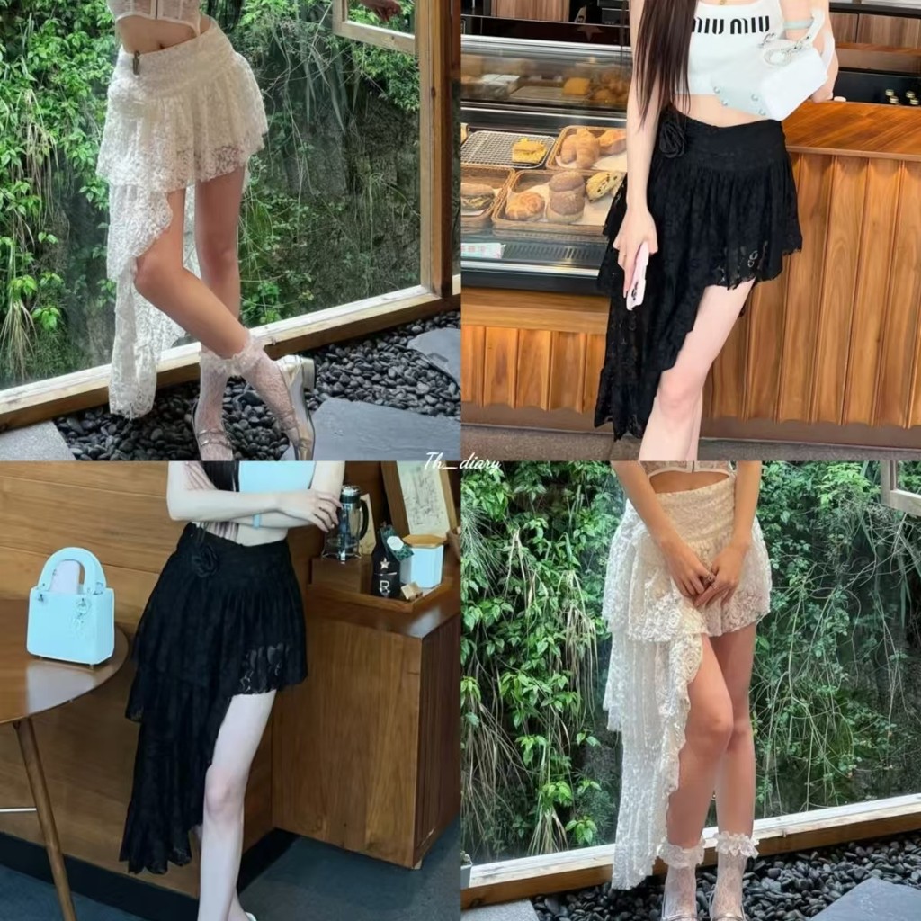 (พร้อมที่จะจัดส่งในกรุงเทพ) ฤดูร้อนรูปแบบใหม่ สไตล์ลูกไม้ผู้หญิง การตัดที่ผิดปกติ กระโปรงเอวสูง-R109