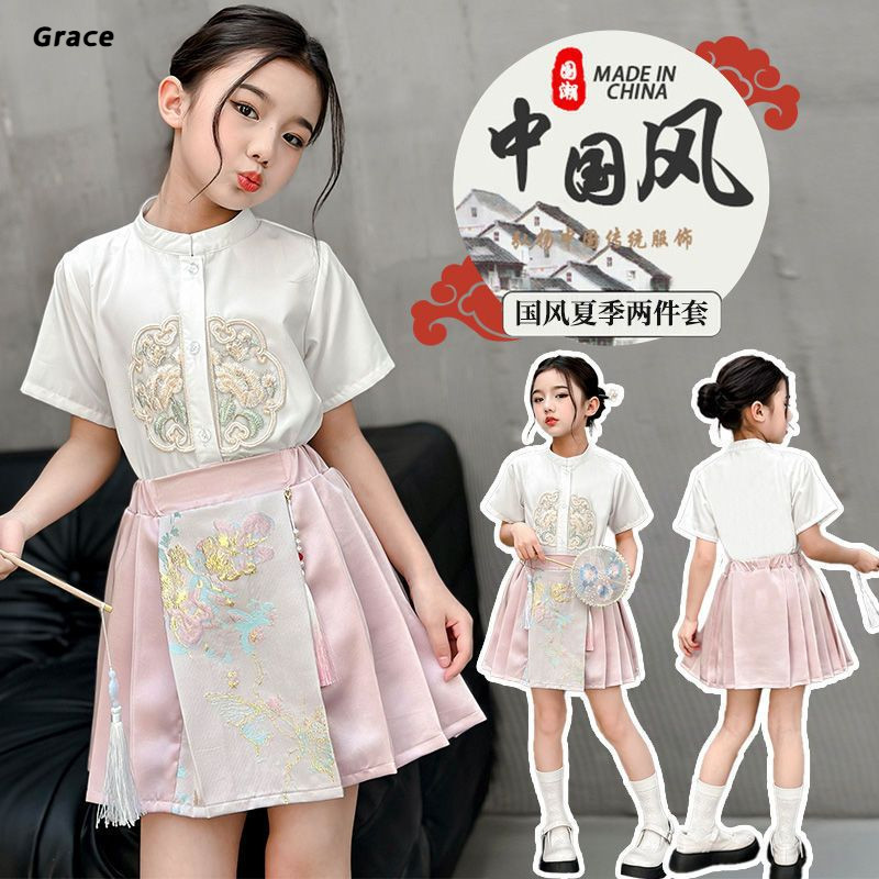 [Grace] สาวชุดสูทสไตล์จีน 2025 เด็กสไตล์ใหม่ใหม่สไตล์จีนเสื้อยืด+กระโปรงจีบชุดสูทสองชิ้น GR414#