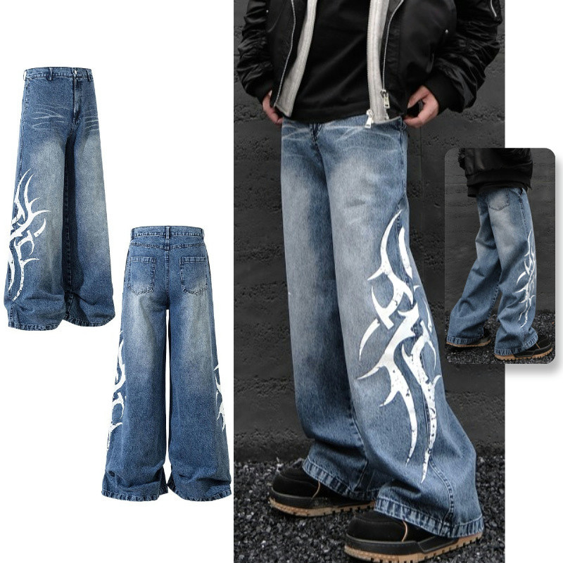 PannoFluxus กางเกงยีนส์ผู้ชาย American high street หลวมสบายๆอินเทรนด์สไตล์เป็นกลางสไตล์สตรีท