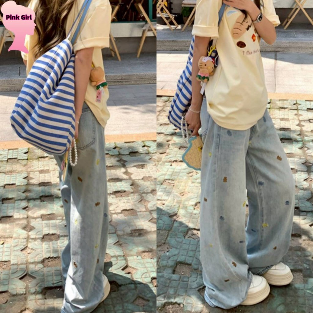 💋Pink girl💋​พร้อมส่ง กางเกงยีนส์ ขายาว ทรงกระบอก สีเฟด ดีเทลปักลายสีพาสเทล ' NZ88052
