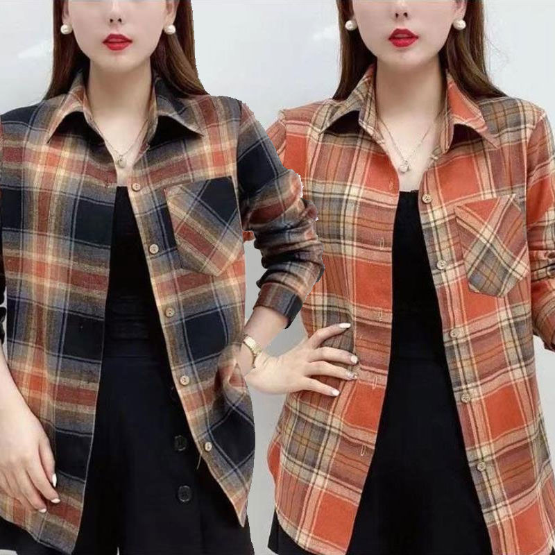 แม่เสื้อเชิ้ตแขนยาวบางหลวมขนาดใหญ่ฤดูใบไม้ผลิฤดูใบไม้ร่วงเสื้อลายสก๊อต - รูปที่ 2