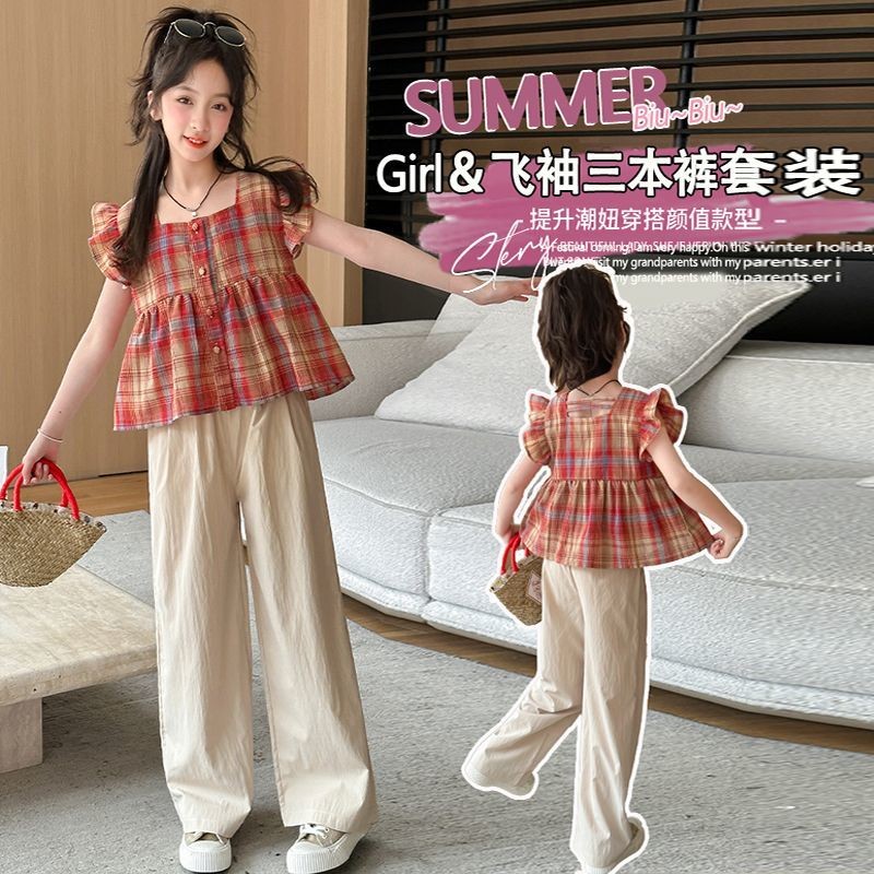 Lemon-tree 3-15Y สาวฤดูร้อนบินแขนตุ๊กตาแขนสั้นชุดสาวใหม่ลายสก๊อตชุดสองชิ้น