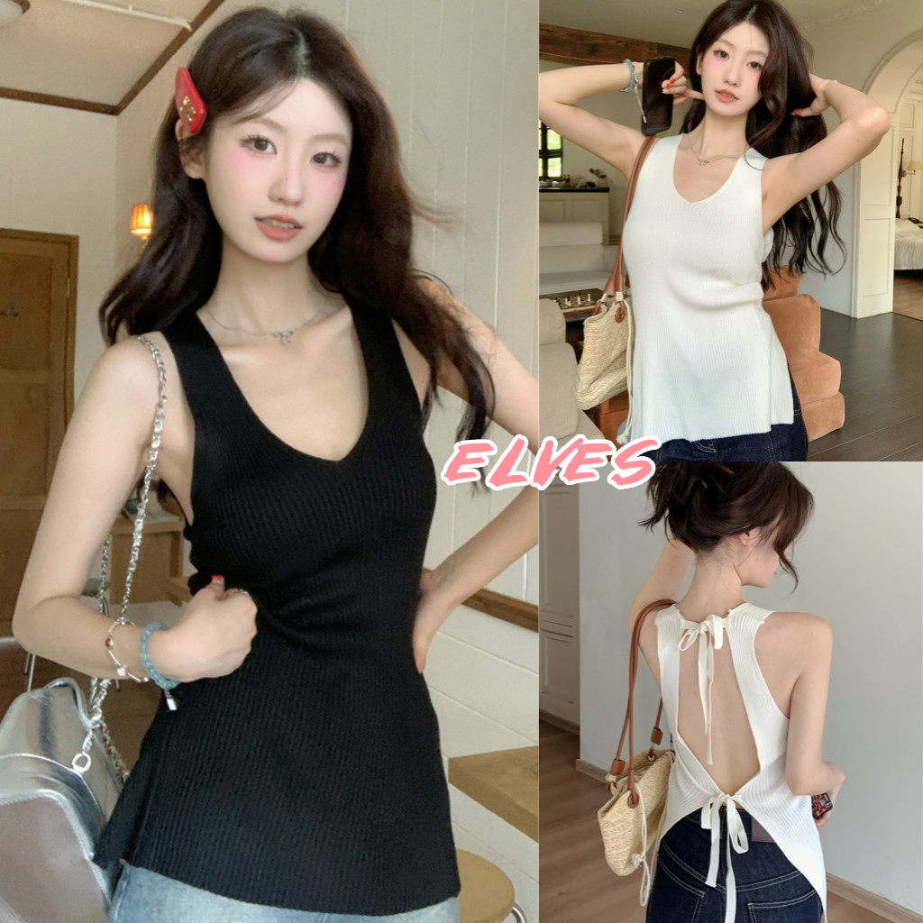 Elves พร้อม💟 เสื้อกล้ามไหมพรม ดีเทลผูกเว้าหลัง น่ารักมากๆ เซ็กซี่เบาๆ สวมใส่สบาย 'R28'