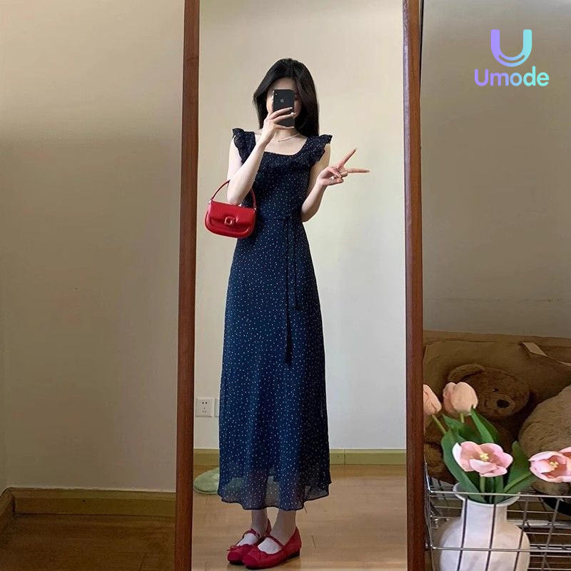 ชุดเดรสลายจุดสีฟ้าสําหรับผู้หญิงฤดูร้อน Tea Break เอว-Cinching ชุดเดรสยาวลายดอกไม้ UG77 Umode