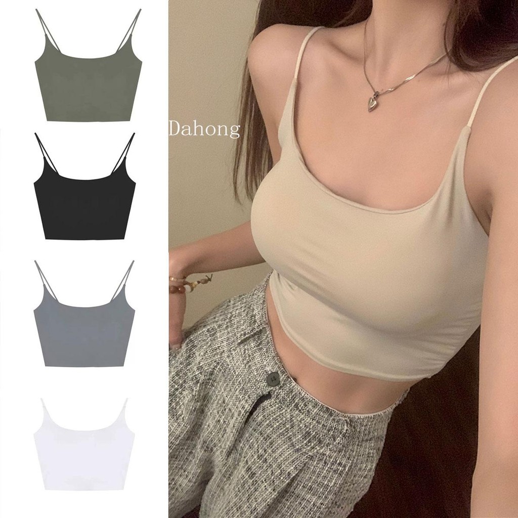 Dahong 💖เสื้อครอปสายเดี่ยว มีฟองน้ำในตัว เสื้อสีเขียว สายเดียว ครอบเนื้อผ้ายืดหยุ่น X5618