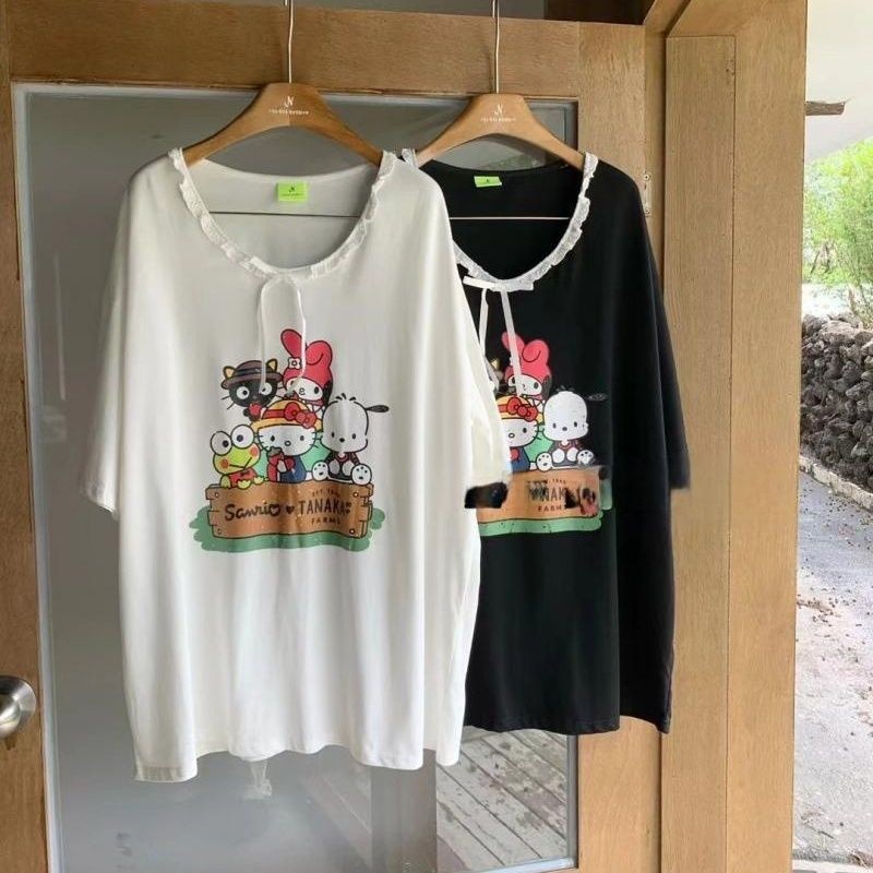 พลัสขนาดผู้หญิงคิตตี้พิมพ์เสื้อยืดฤดูร้อน โอ เวอร์ไซส์ แพทช์ลูกไม้สบายๆที