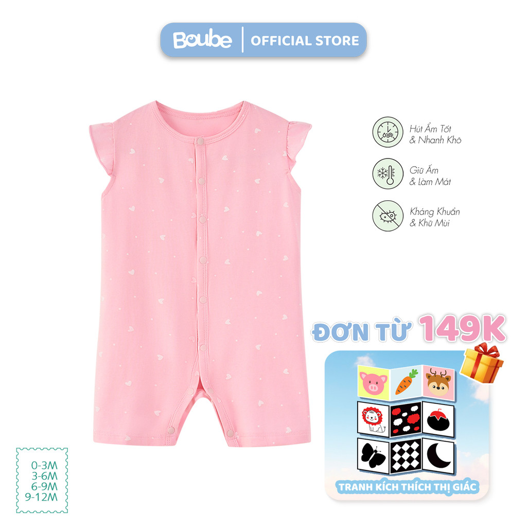 บอดี้สูท บอดี้สูทกระดุมตรงแต่งระบายสีชมพูหัวใจสําหรับเด็กแรกเกิดและเด็กทารกหญิง โบube ผ้าคอตตอนออร์แ