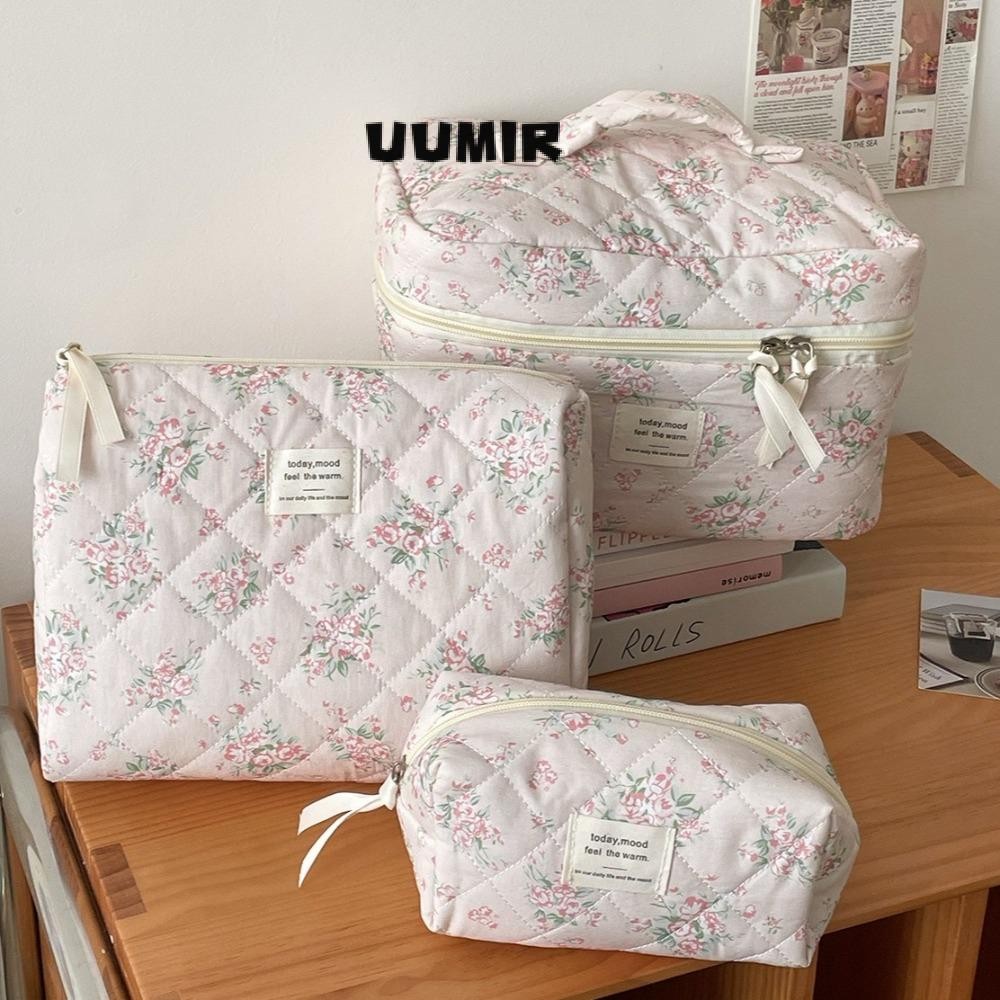 UUMIR กระเป๋าจัดระเบียบเครื่องสําอาง, Vintage Rose Multi-size Makeup Quilted Bag, Fashion Plaid Pink Zipper Travel Storage Bags for Women Girls
