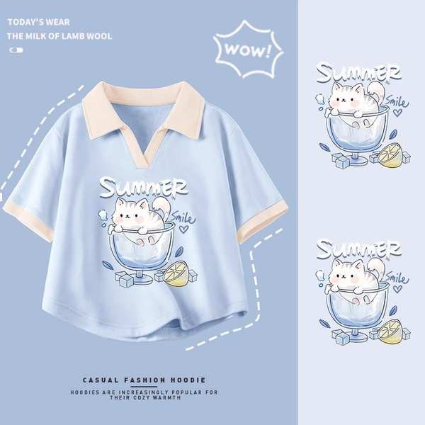 เสื้อยืด baby tee aimer เสื้อยืด เสื้อยืดแขนสั้นขนาดเล็กผู้หญิงนมสีฟ้าผ้าฝ้ายแท้ดูดซับเหงื่อ โวลต์ ค