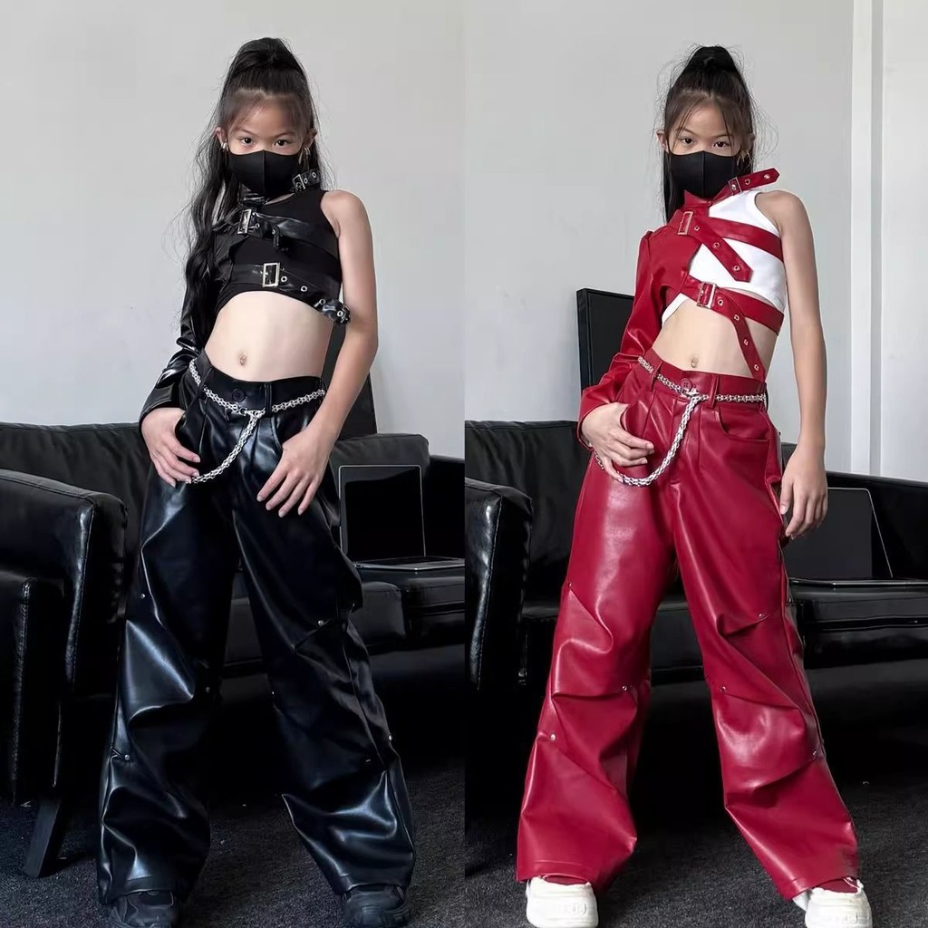 อินเทรนด์ Cool Girls Leather Overalls Leather Pants Suit Children Red New Years Day Girls Group Jazz Dance Performance Dresses Children Clothing Ready stock พร้อมสต็อก 116 สีมีความแตกต่างของสีโปรดวางสั่งซื้อหลังจากการสนทนา