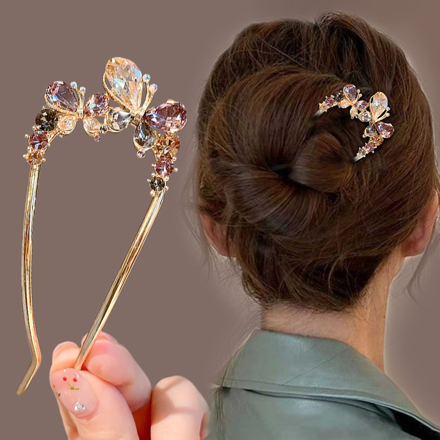 สไตล์ใหม่ High-End แฟชั่น Rhinestone ผีเสื้อ U-Shaped Hairpin หัวบอลแผ่น Hairpin อุปกรณ์เสริมผม