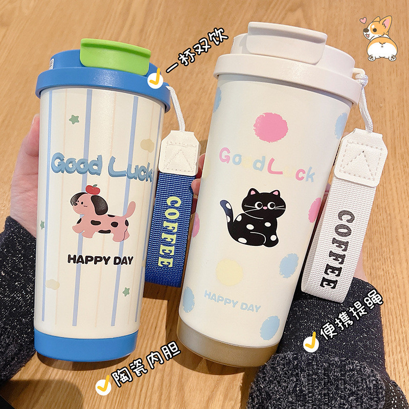 ง่ายที่มาพร้อมกับถ้วยกาแฟการ์ตูน316สแตนเลสเซรามิกกระติกน้ําร้อนถ้วยน่ารักแบบพกพาหญิงถ้วยน้ําความจุขนาดใหญ่