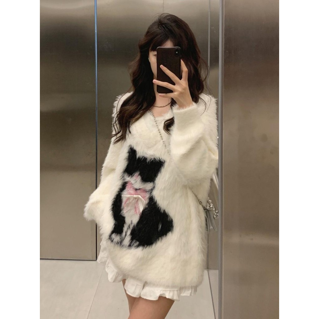 Cat Jacquard Faux Mink Wool เสื้อสเวตเตอร์คอวีผู้หญิงฤดูใบไม้ร่วงฤดูหนาวสไตล์ขี้เกียจเสื้อถักหลวม One-