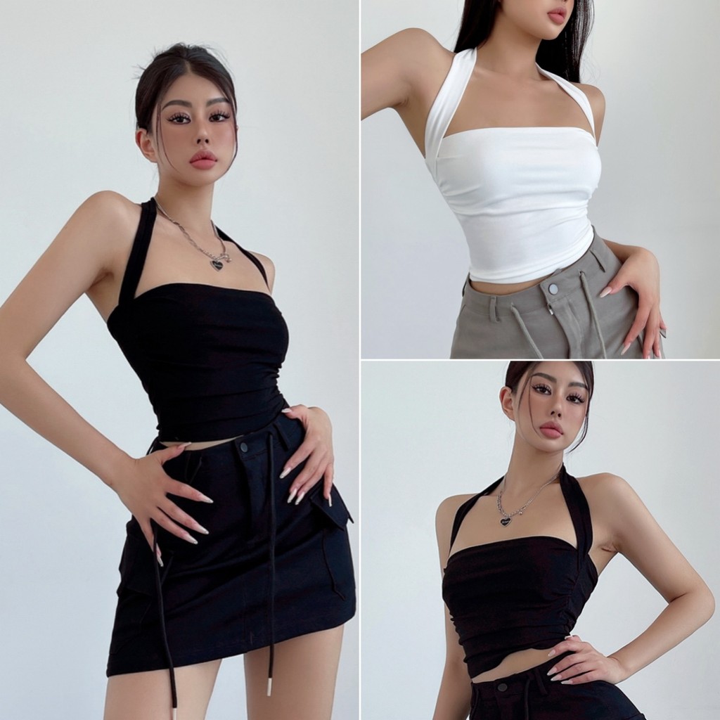 Hotgirl พร้อมส่ง เสื้อกั๊กกีฬาผู้หญิง y2k เสื้อกล้ามผู้หญิง ดีไซน์คอแขวนและเซ็กซี่ สีทึบสั้น สไตล์อเมริกัน