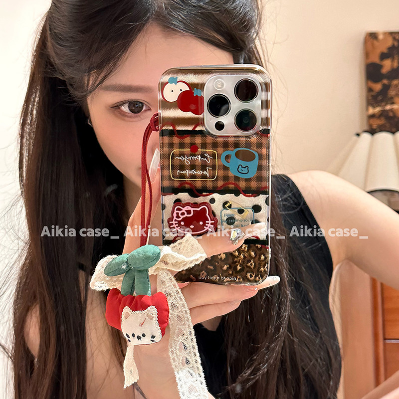 Huiwanju Maillard splicing kitty cat iPhone 13 เคสมือถือ iphone16promax ใหม่ 15promax ผู้หญิง 14 สองชั้น 11 พร้อมจี้ iPhone 12 เคสมือถือเหมาะสําหรับ