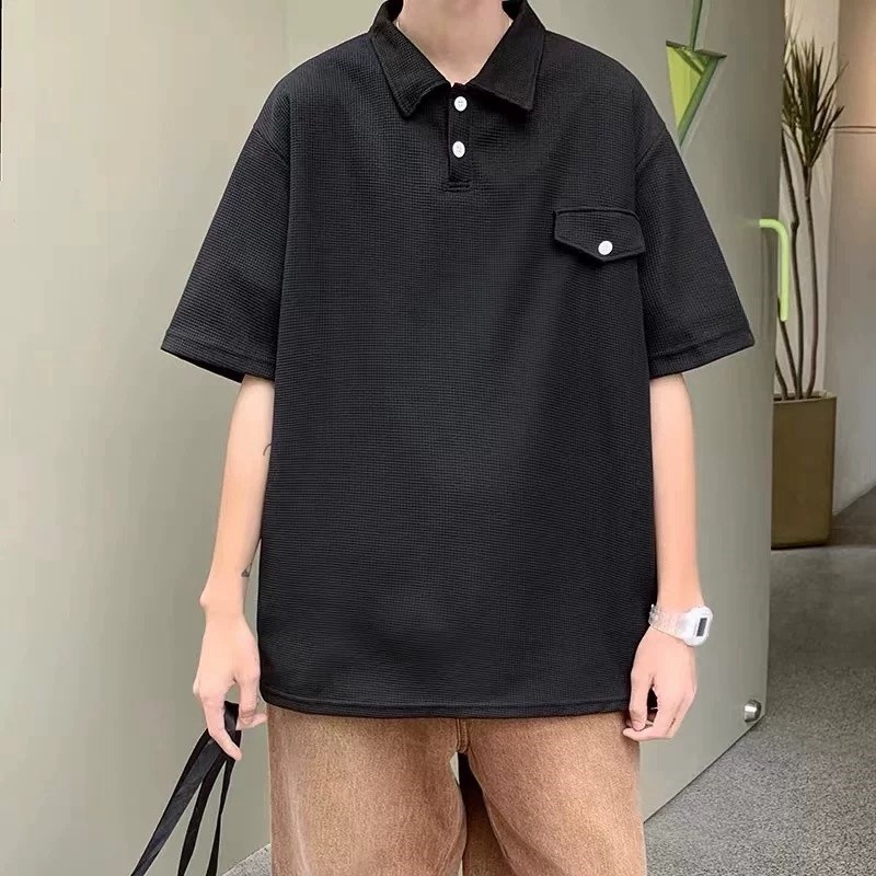 BECoolMan-เสื้อโปโลวินเทจสไตล์อเมริกัน วาฟเฟิลด์ แบบหลวม ลำลอง ปกพับ
