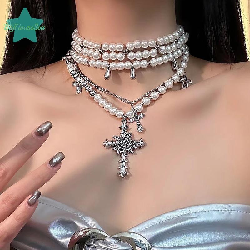 [BigHouseSea] แฟชั่นส่วนบุคคลหลายชั้นมุกข้ามจี้สร้อยคอ Clavicle Chain สําหรับผู้หญิงอารมณ์เครื่องประดับอุปกรณ์เสริมของขวัญใหม่