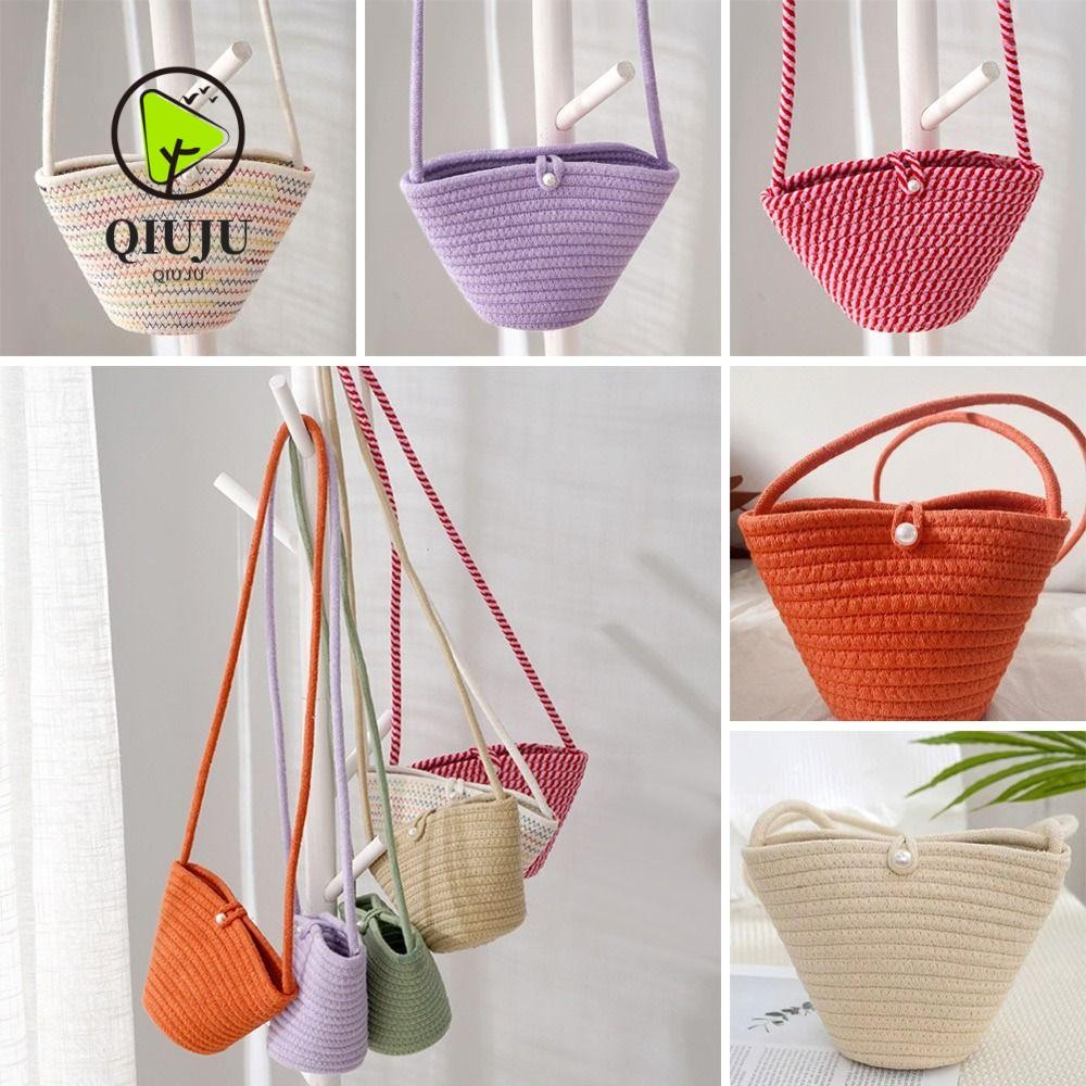 Qiju กระเป๋าถือ, Handmade Cotton Weaving Cotton ทอกระเป๋า, กระเป๋าใส่เหรียญ Shell Shape Shopper Tote Kid Children