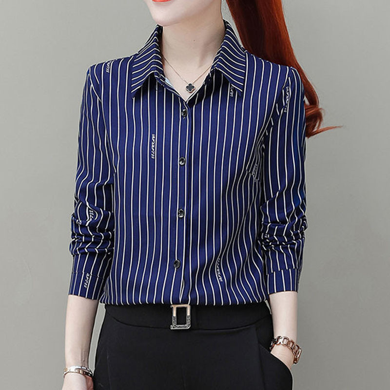 เสื้อชีฟองลายทางผู้หญิงสไตล์เกาหลีสีขาวสีฟ้าดีงามแขนยาวสํานักงานอย่างเป็นทางการด้านบน