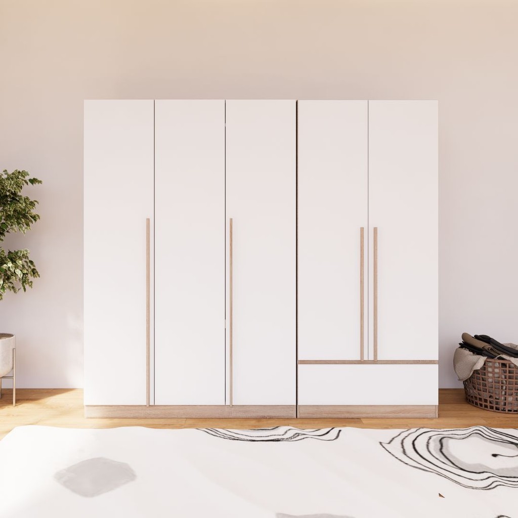 Looms  ชุดตู้เสื้อผ้าบานเปิด รุ่น REMUS A+C สีโซลิดโอ๊คตัดสีขาว