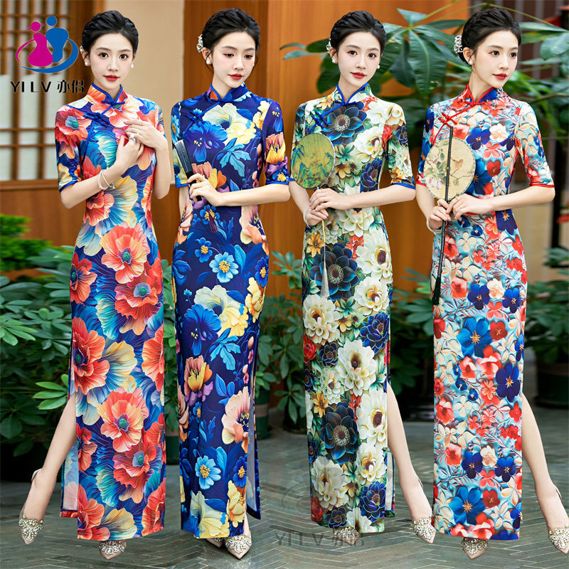 Retro สไตล์ Cheongsam แขนยาว Elegant Slimming Dinner Dating หมั้นชุดผู้หญิงเซ็กซี่ Cheongsam ผู้หญิง Mandarin Collar Vintage ดอกไม้ Qipao