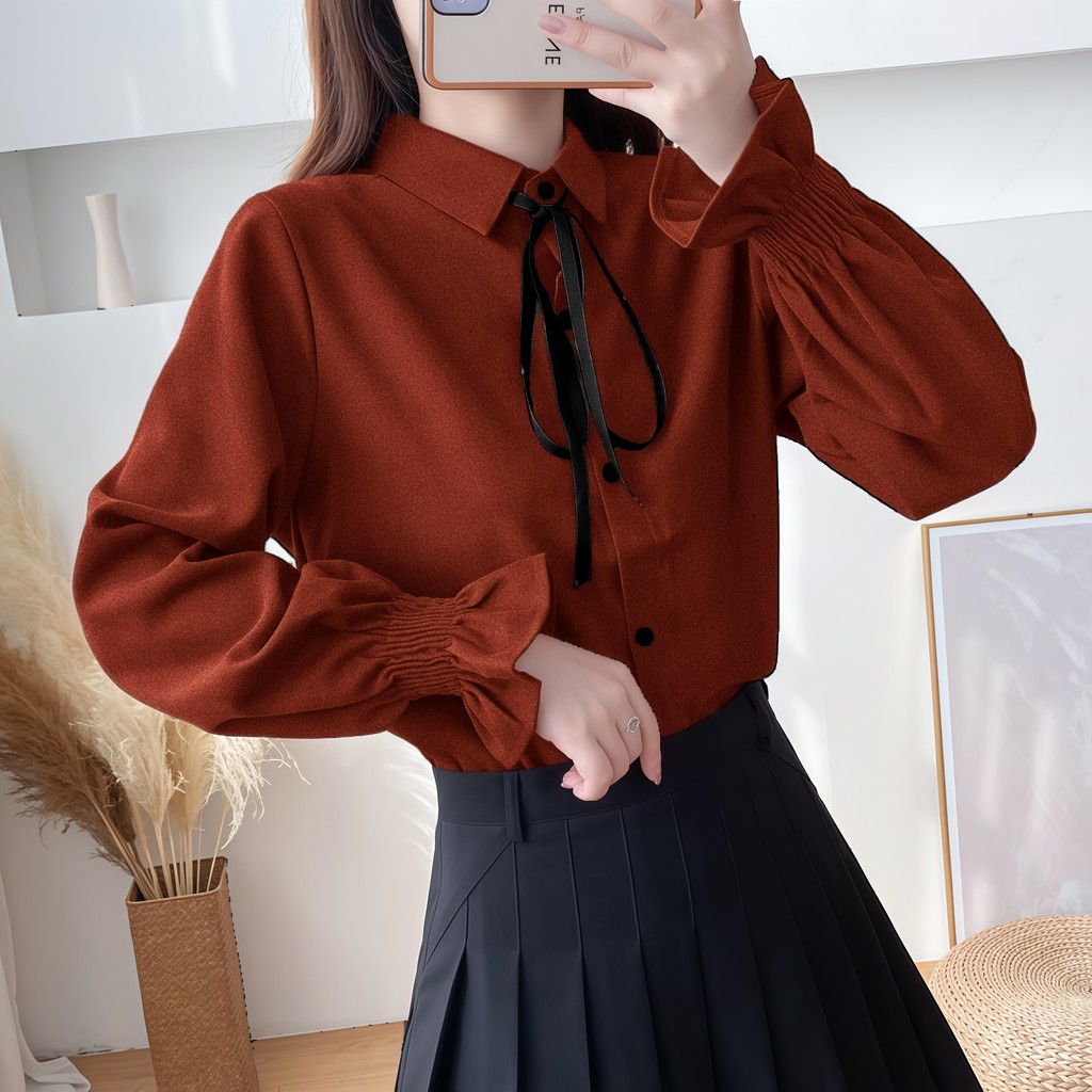 Chic พร้อมส่ง เสื้อ คอปก แขนยาว สีพื้น มินิมอล สายคาเฟ่น่ารัก ผ้าลูกฟูก แมตช์ลุคง่ายได้หลายลุค แฟชั่นผู้หญิง