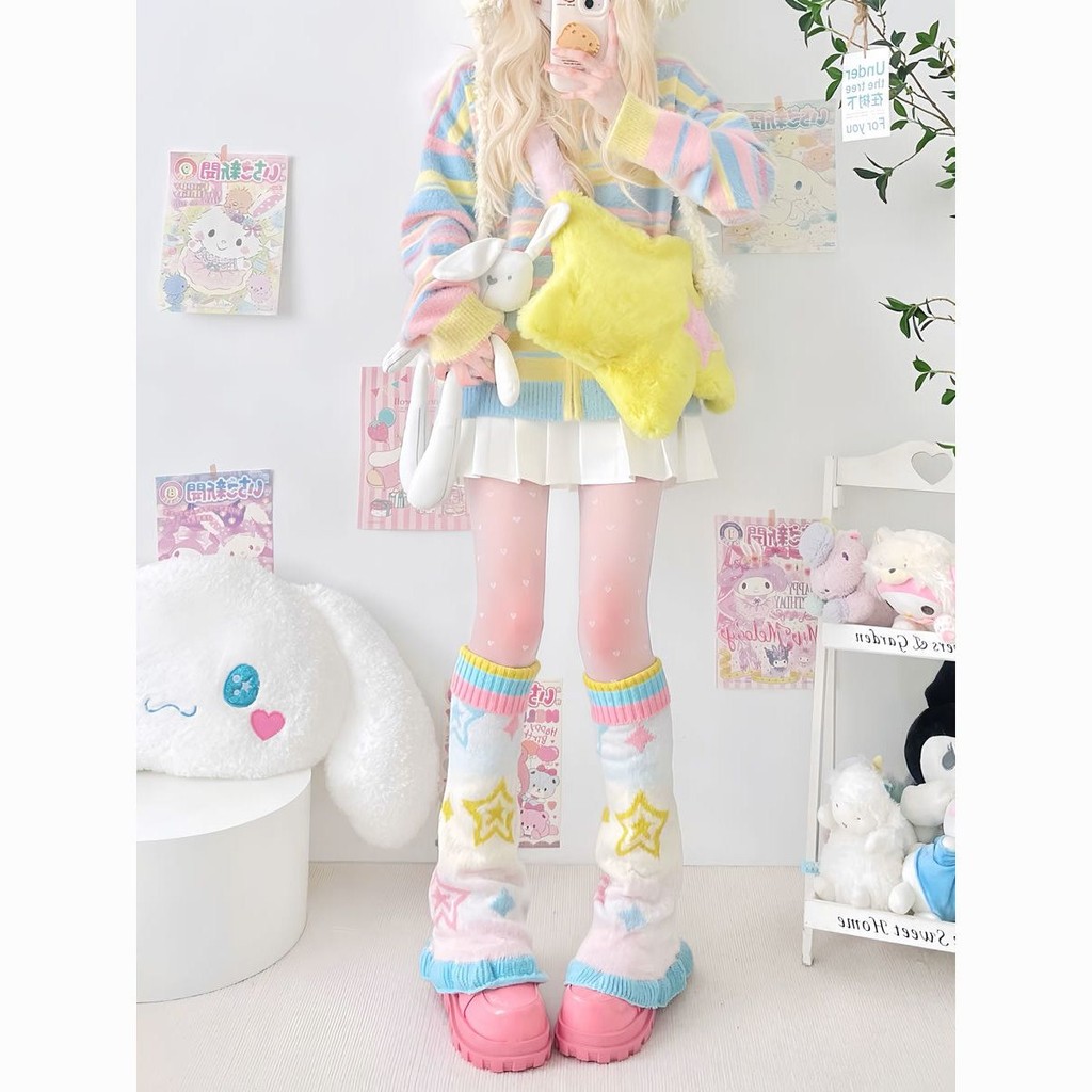 ผู้หญิง Y2K Star พิมพ์ขาถุงเท้า Lolita Sweet Girls ขาอุ่นสีลูกกวาด