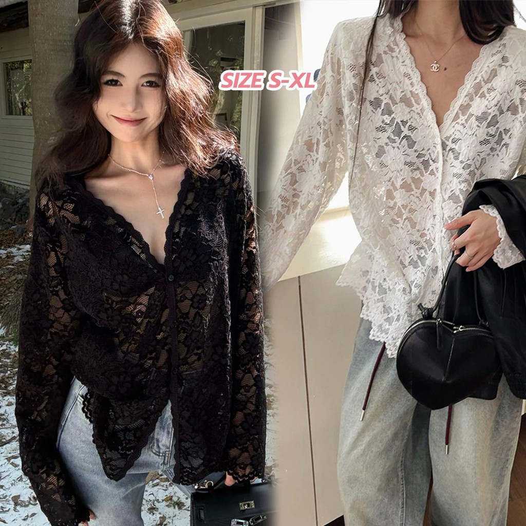 mimi&didi#เสื้อเชิ้ตแขนยาวคอวีลูกไม้ถักโครเชต์สไตล์ฝรั่งเศสยอดนิยม สำหรับผู้หญิง ฤดูใบไม้ร่วง พร้อมแผ่นรองไหล่#W543
