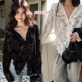 mimi&didi#เสื้อเชิ้ตแขนยาวคอวีลูกไม้ถักโครเชต์สไตล์ฝรั่งเศสยอดนิยม สำหรับผู้หญิง ฤดูใบไม้ร่วง พร้อมแผ่นรองไหล่#W543