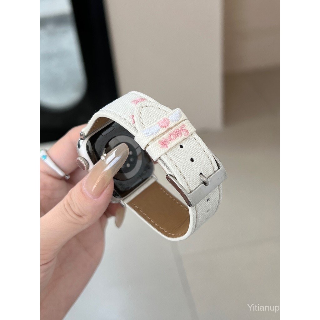 สมาร์ทนาฬิกา S9/8/7 /se/ 6/5/4/3/2/1ปักปีกสายหนังผ้าใบ38/40/41/42/44/45/49mm22mmสายรัด สายหนัง สาย