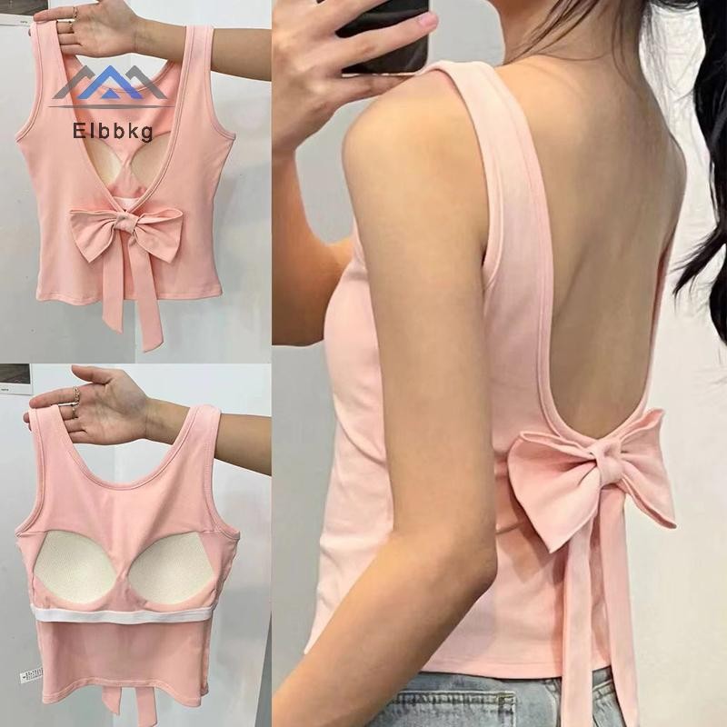 EIbbkg ฤดูร้อนผู้หญิงเซ็กซี่โบว์หวานเปลือยแขนกุด Slim Camisole พร้อมแผ่นรองหน้าอกลดราคา