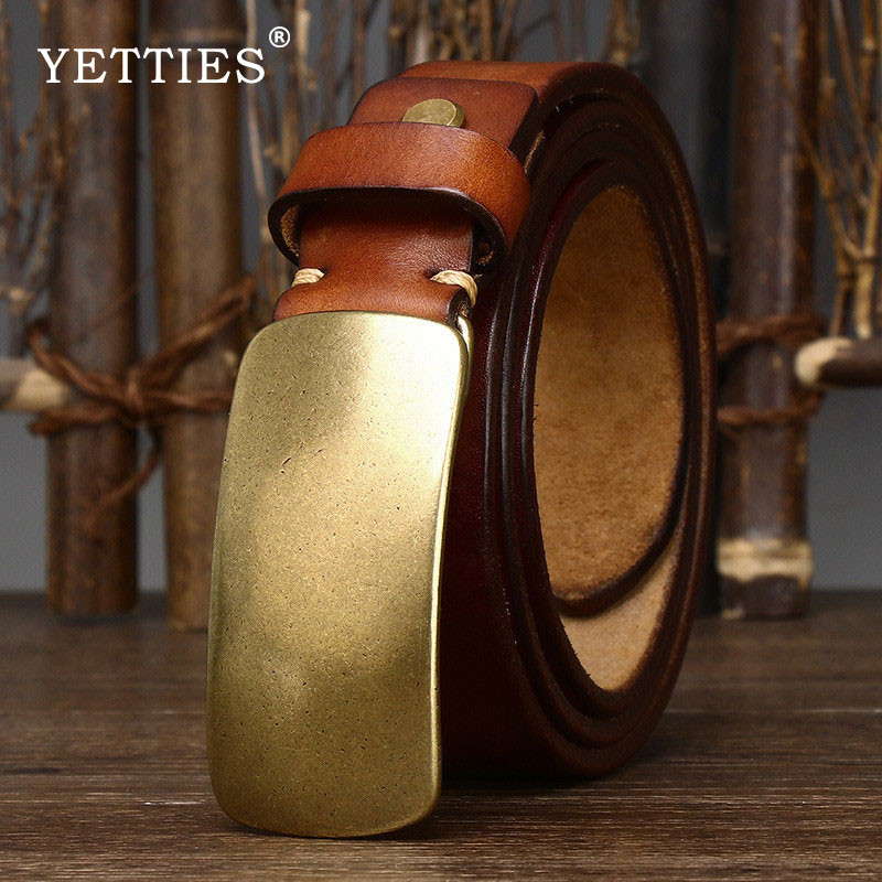 YETTIES 3.3 ซม.หนังวัวบริสุทธิ์เข็มขัดผู้ชายที่มีคุณภาพสูงหนังแท้เรียบทองเหลืองหัวเข็มขัดสายชายกางเกงยีนส์ออกแบบหรูหราเข็มขัดสําหรับ ผู้ชาย