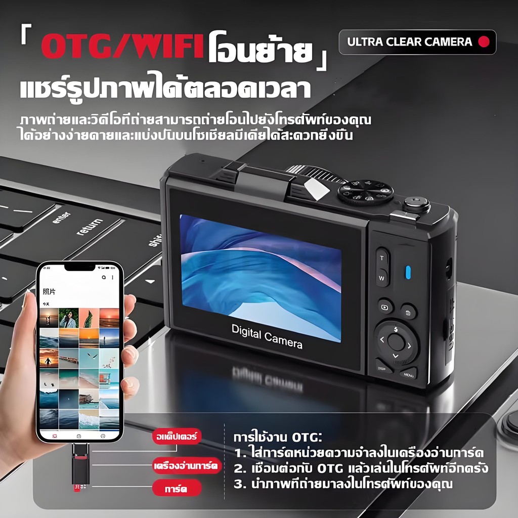 กล้องดิจิตอล 75MP 5K พร้อมซูมออปติคัล 18X 180° หน้าจอพลิกสําหรับเซลฟี่ การเชื่อมต่อ WiFi