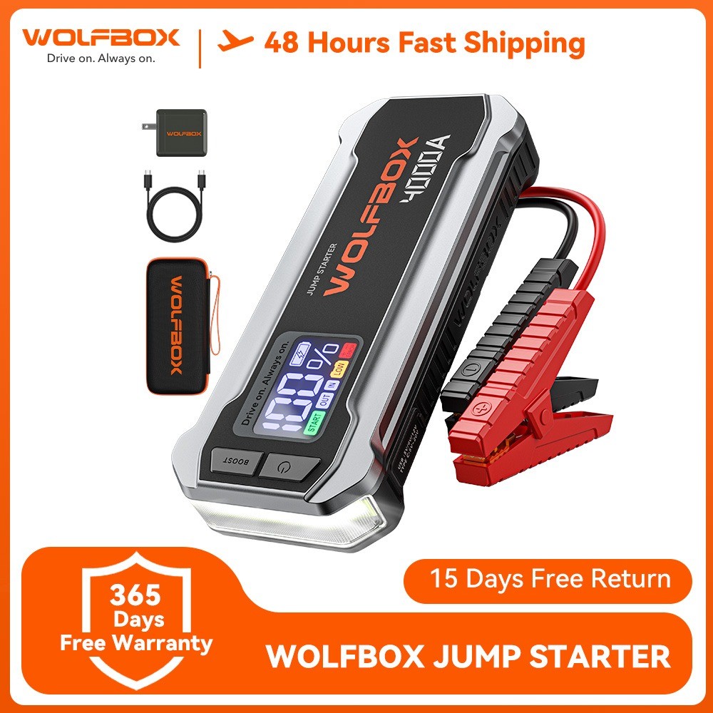WOLFBOX 4000A 12V Car Jump Starter – ชุดแบตเตอรี่ 24000mAh สําหรับเครื่องยนต์แก๊สและดีเซล 10L, เครื่องชาร์จด่วน 65W, จอแสดงผล LED, บูสเตอร์, ไฟ LED, รวมสายเคเบิลจัมเปอร์แบบพกพา