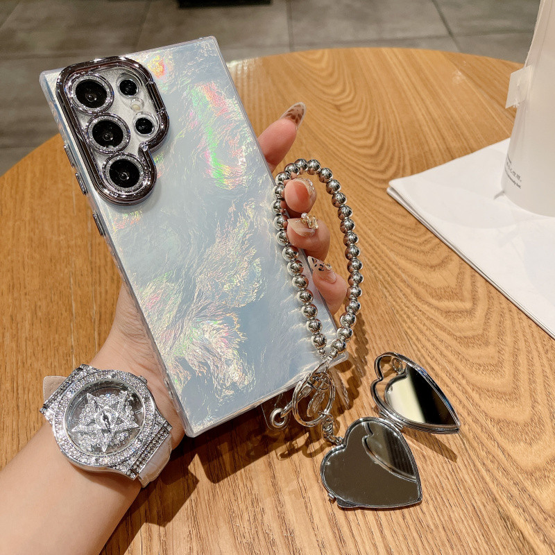 ที่วางเลนส์ลายฟอยล์หรูหรา เคสโทรศัพท์พร้อมกระจกความรัก สร้อยข้อมือสำหรับ Samsung S25 Ultra S24 S23 Ultra Plus ปกป้องเลนส์กลิตเตอร์แข็งป้องกันการตกหล่น