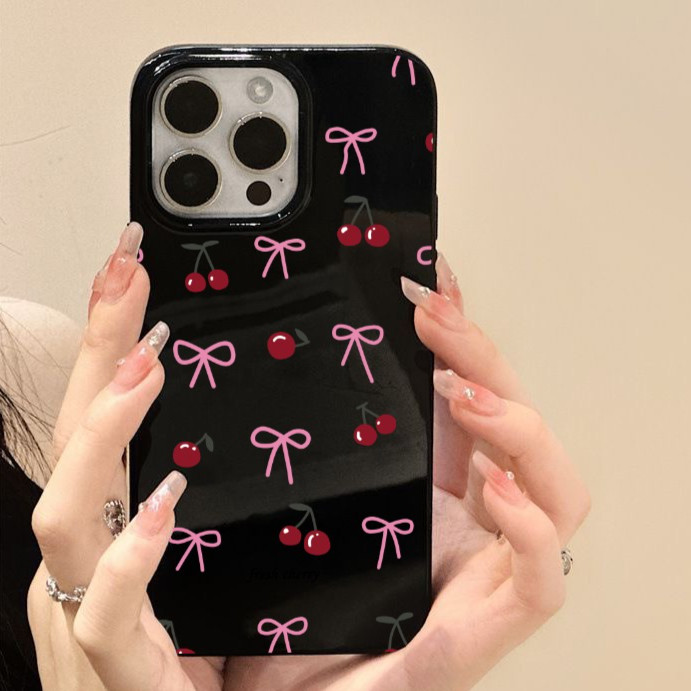 สำหรับ iPhone 17 Pro Max เคส ไอโฟน สีดำมันTPUซอฟท์เคส กันกระแทกกล้องป้องกัน โบว์ดอกไม้ เข้ากันได้กับ 14 13 12 Pro 11...