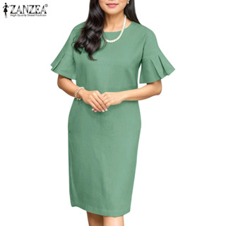 ZANZEA ซานเซีย ผู้หญิงเกาหลีลําลองผ้าฝ้ายคอกลมแขนสั้นชุดกระเ…