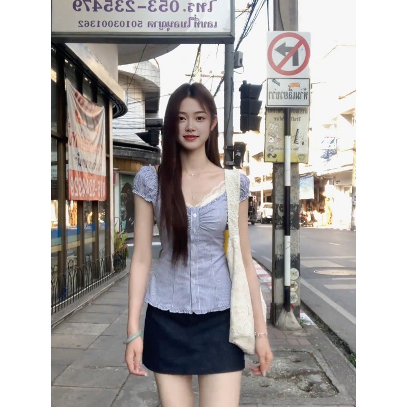 LINNAคอวี แถบ แขนสั้น เสื้อเชิ้ต เวอร์ชั่นเกาหลี รูปที่ 4