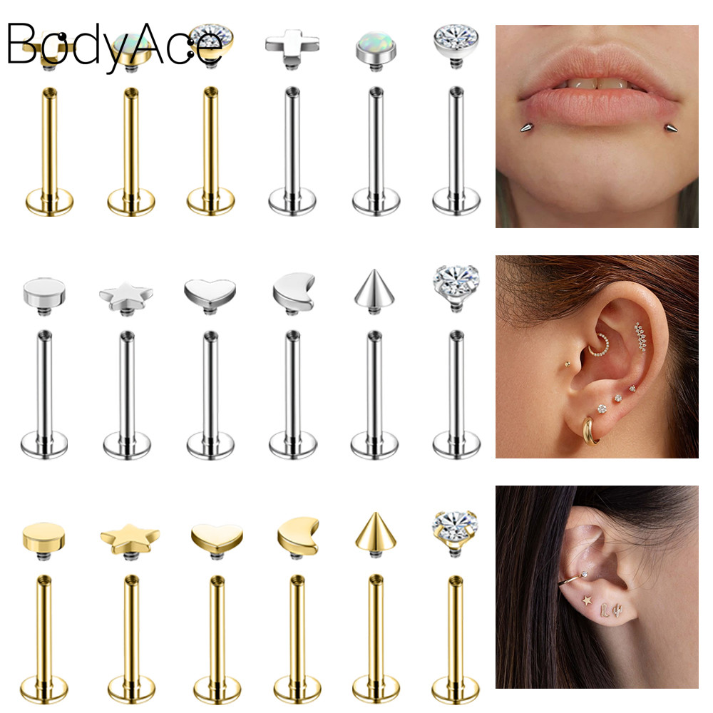 Bodyace 1 Pc 16G Lip Piercing ต่างหูคริสตัล 316L สแตนเลสเจาะหู Helix ต่างหู Lobe ต่างหู