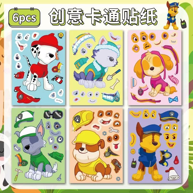 paw patrol ปฏิสัมพันธ์ระหว่างพ่อแม่และลูกปริศนาปริศนาปริศนาใบหน้าเปลี่ยนสติกเกอร์ DIY 6 ชิ้น