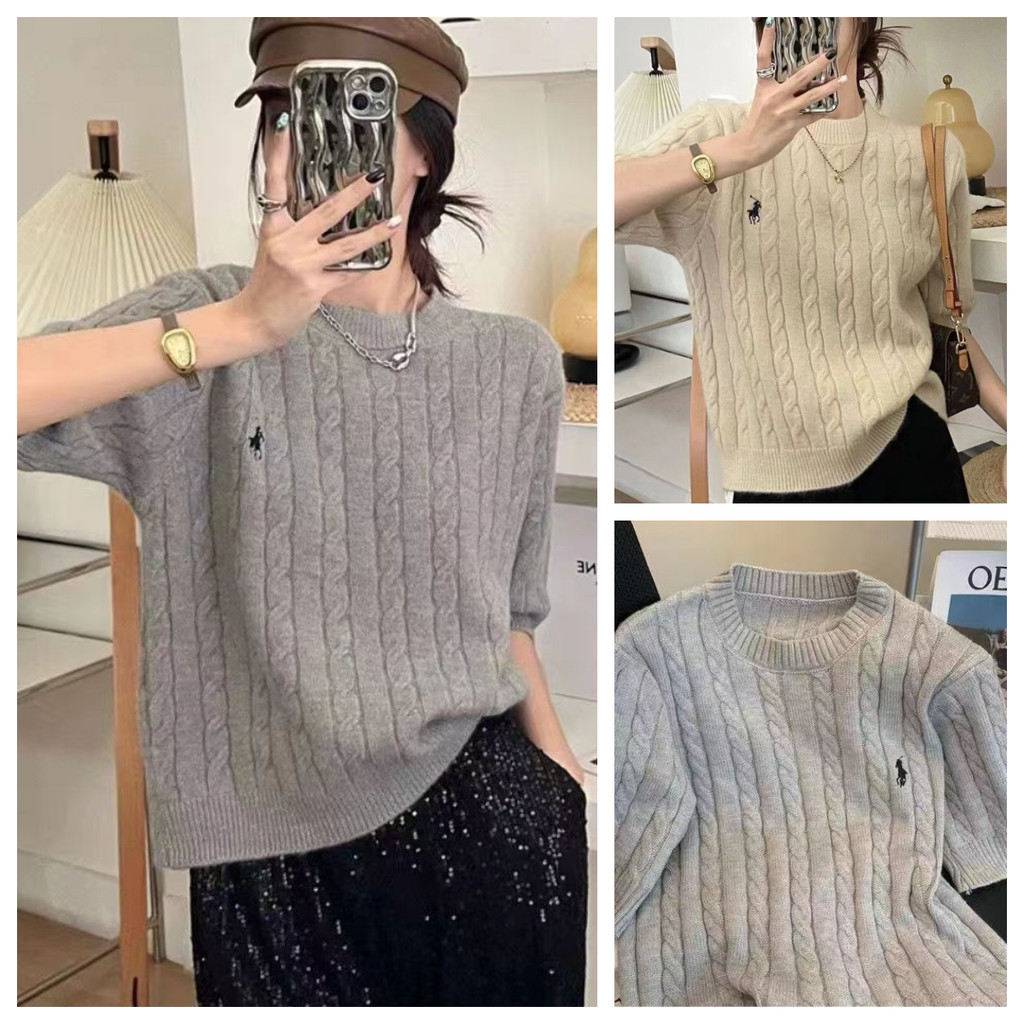 【100% ผ้าถัก】เสื้อท็อปแขนสั้นถักคอกลม สไตล์เกาหลี